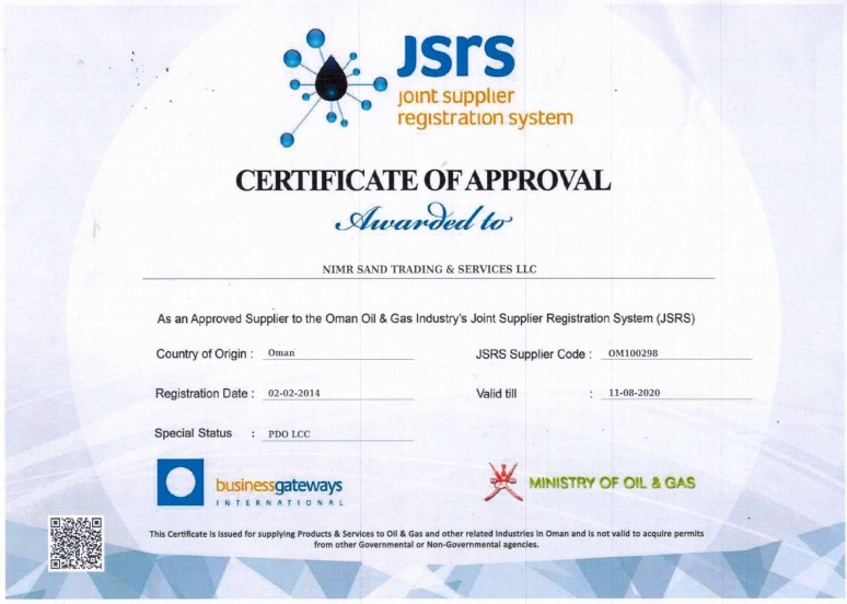 JSRS Certificate of Approval - Awarded to NIMR SAND TRADING & SERVICES LLC